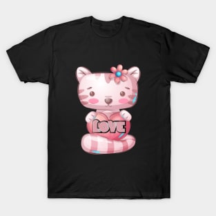 kawaii pink cat love T-Shirt